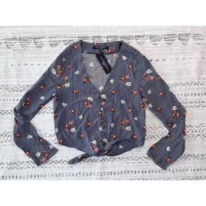 One Clothing Los Angeles XS Floral Tie Front Crop Top Blue Gingham Button Blouse